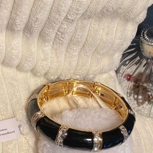 🔥 HOT ♥️ NEW BOMBSHELL BRACELET STRETCH BLACK GOLD BANGLE SPARKLING STATEMENT - Picture 8 of 10